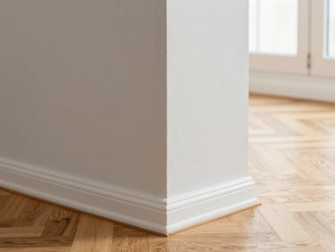 Close-up of a perfectly painted wall corner meeting a warm oak parquet floor, clean dust-free edges, natural daylight, architectural detail