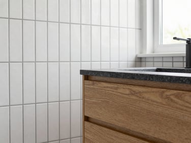 Bright modern bathroom renovation detail, clean white vertical tiles with precise dark grouting, warm oak vanity unit, natural sunlight, sharp focus