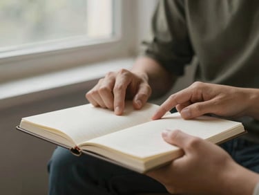 Medium shot of two people's hands gently touching an open notebook, conveying support and collaboration, soft natural window light, muted earth tones, shallow depth of field, 35mm.
