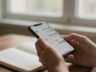 Close-up of hands holding a smartphone with a chat interface, soft natural window light, open journal nearby, muted earth tones, shallow depth of field, 35mm.