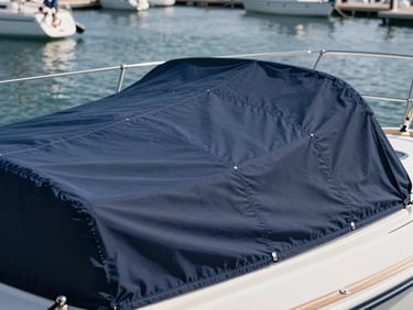 Close-up environmental shot of a fitted navy bimini cover stretched over a sailing boat cockpit at a marina, stitched seams under tension, natural coastal daylight, water visible in background, no crew