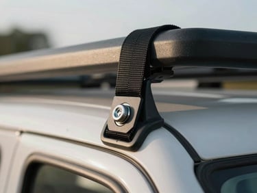Macro close-up of the awning's roof-rail fixing point on a van, stainless bolt through double-stitched webbing, natural workshop light from the side