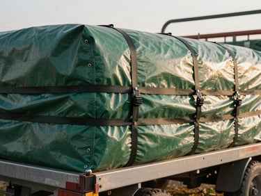 Heavy-duty green tarpaulin lashed over an agricultural trailer loaded with equipment, late afternoon farmyard light, corner grommets and tie-down straps in sharp focus