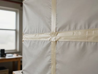Close-up of taped seam on a pale ripstop awning panel, seam tape pressed flat and even, light entering from a workshop window to the left