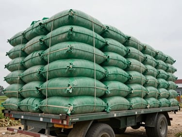 Wide shot of a heavy-duty green tarpaulin lashed over an agricultural trailer loaded with grain sacks in a farmyard, overcast natural daylight, no people, emphasis on tension straps and fabric weight