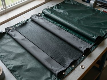 Overhead flat-lay of heavy-duty technical fabric swatches fanned across a workshop cutting table — PVC-coated canvas, reinforced woven polyester, and acrylic cloth in dark greens and greys, natural window light, metal grommets and binding tape scattered at edges