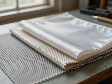 Flat-lay macro of three stacked fabric swatches — a woven acrylic, a coated polyester, and a mesh shade cloth — on a workshop bench under natural window light, texture and weave structure clearly visible
