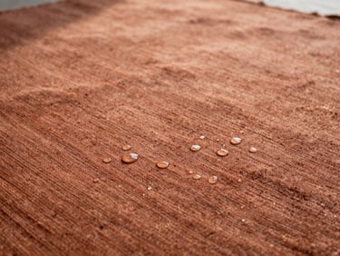 Close-up of a terracotta patterned rug with water droplets pooling harmlessly on the surface, natural afternoon sunlight, 35mm.