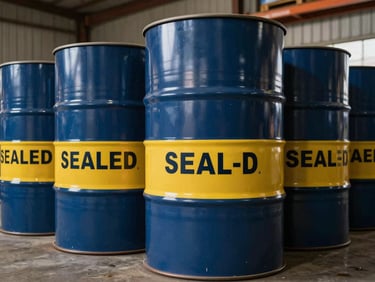 Sealed industrial lubricant drums stacked in a clean Jakarta warehouse with high-contrast safety markings.