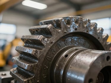 Macro shot of heavy steel excavator gears showing stamped serial numbers under bright warehouse light.