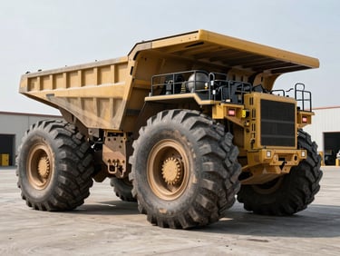 Massive treaded off-the-road tires for mining trucks stacked on concrete loading dock under natural daylight.