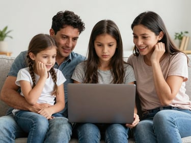 A bright, daylight-filled medium shot of a Colombian family sitting together on a sofa, looking at a laptop screen with expressions of relief and happiness.