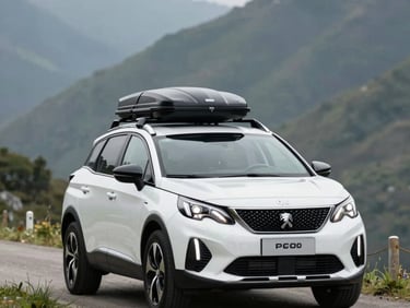 Modern grey Peugeot 5008 parked near Sintra hills, family travel setup, warm natural light, lush green background.