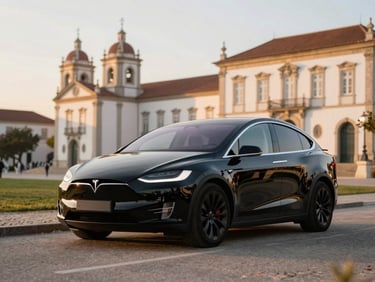 Wide environmental shot of a black Tesla Model X parked near a historic Portuguese palace at golden hour, shallow depth of field.