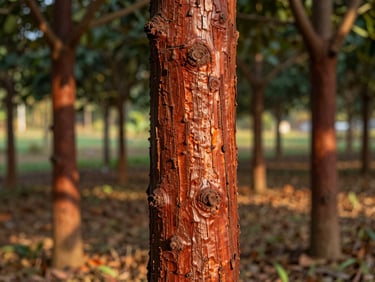 Close-up of young red sandalwood tree bark with rich textured details, glowing under warm sunlight in an organized plantation.