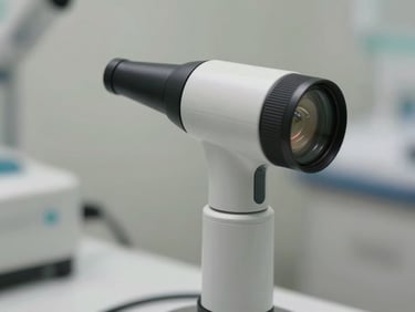A close-up of a modern, clean otoscope instrument in a clinical setting, soft daylight, professional medical atmosphere.