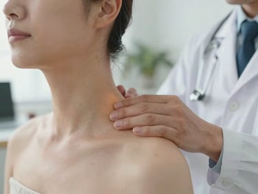 Close-up of a doctor gently examining a patient's neck lymph nodes in a bright office, soft natural light, reassuring patient care.