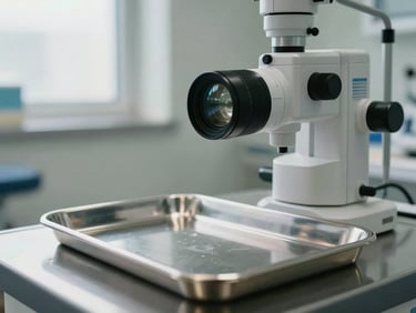 Anatomical detail of a modern ENT clinical room, soft natural daylight illuminating a high-tech diagnostic fiber-optic endoscope resting on a clean steel tray, professional clinical setting.