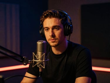A medium shot of a male radio host in a dimly lit studio, warm tungsten light illuminating his face, a vintage microphone in front of him, moody low-key photography