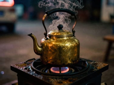 Moody low-key close-up of a steaming brass tea kettle on a rustic stove, warm tungsten lighting, soft neon reflections in puddles, 35mm film grain