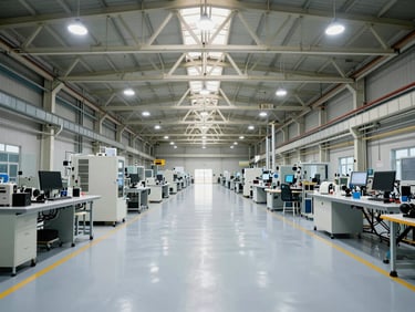 Interior of an advanced manufacturing facility, pristine epoxy floors, symmetrical steel roof trusses, precise industrial lighting.