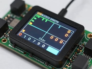 Close-up of a digital micro-controller diagnostic panel displaying real-time voltage and current telemetry with glowing LED readouts