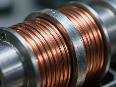 High-contrast macro photograph of layered copper coils wrapped around a steel core, precise insulation layers visible under cool technical lighting.