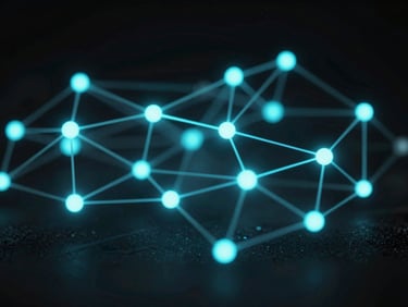 Macro close-up of abstract digital network nodes, glowing cyan data points connected by thin structural lines, dark low-key studio lighting, high contrast.
