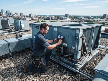 Wide-angle crisp industrial photography of a technician checking pressure gauges on a large rooftop package unit, bright daylight, metallic blue tones.