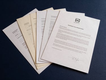 Close-up flat-lay of a thick product bundle — printed notary contracts, checklists, and a stamped certificate fanned out on a dark navy surface under warm studio light