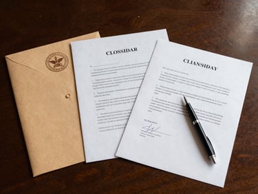 Overhead flat-lay of loan signing documents spread across a polished desk — tabbed closing package, notary seal impression visible, a pen resting on a signature line, warm directional office light