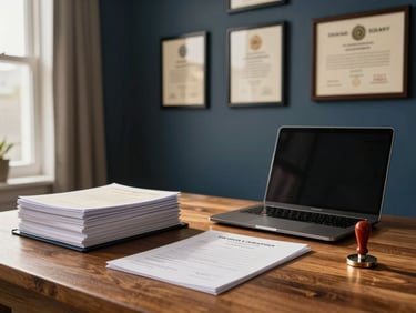 Wide shot of a professional home office, notary certificates in slim frames on a navy wall, a laptop open beside a neatly stacked set of printed templates and a notary seal on a wooden desk, warm golden-hour light from a side window