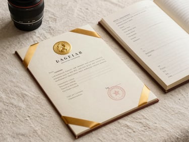 Flat-lay product shot of apostille documents — embossed apostille seal on official paper, gold ribbon, notary journal open to a completed entry, photographed on a cream linen surface under warm studio strobe