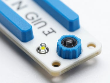 Close-up of an IR sensor module with a small LED emitter and receiver, integrated into a clean prototype board, bright studio lighting, soft diffused shadows, crisp medical blue accents, 50mm lens, detailed labels.