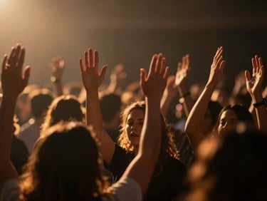 Passionate worship service with hands lifted toward warm stage lights, cinematic atmosphere, deep rich tones, high contrast, shallow depth of field, cinematic editorial photography