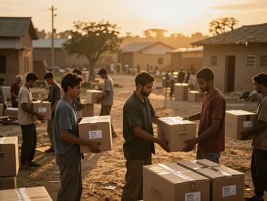 Dramatic overhead shot of humanitarian workers distributing supply boxes in a sun-drenched village, warm golden-hour lighting, high contrast, cinematic editorial photography, deep rich warm tones, shallow depth of field