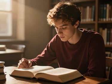 Focused young adult studying a Bible in a warm library setting, soft glowing backlight, cinematic editorial style, high contrast, deep rich warm tones, shallow depth of field