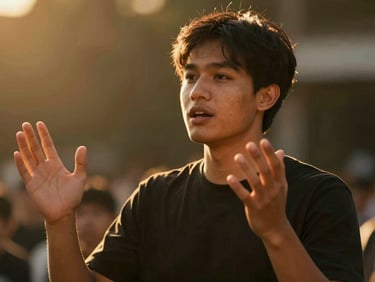 A passionate young leader speaking with hands raised, dramatic golden-hour lighting, shallow depth of field