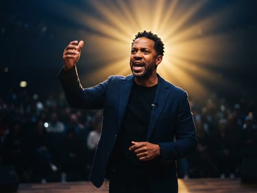Cinematic medium shot of a passionate speaker backlit by glowing golden light rays, deep navy background, high contrast, shallow depth of field