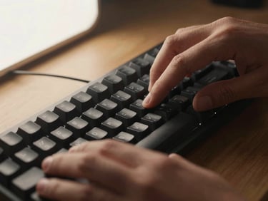 Close-up of hands adjusting a high-end mechanical keyboard under warm studio light, macro shot, 35mm lens