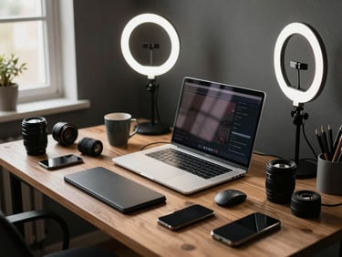 A cozy studio desk cluttered with fashionable tech gadgets, a ring light reflecting in a laptop screen, creative chaos