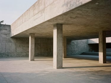 Wide environmental shot of a brutalist concrete pavilion, soft diffused daylight, long shadows, medium-format film aesthetic.