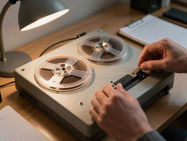 Close-up of hands carefully threading a reel-to-reel tape through the heads of a vintage tape machine, warm tungsten desk lamp illuminating the machine from the upper left, a logbook open beside it on the workbench