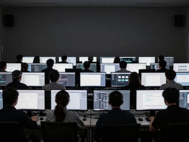 stark architectural photography, cool high-contrast lighting, candid shot of a technical team analyzing screens in a dark room, desaturated tones with sharp focus, 35mm