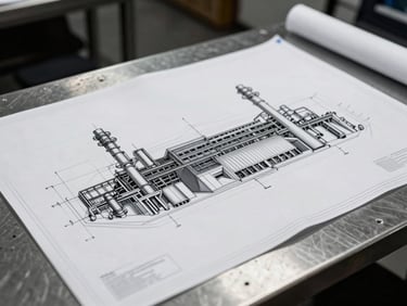 stark architectural photography, cool high-contrast lighting, wide shot of an industrial facility blueprint spread on a metal table, desaturated tones with sharp focus, 35mm