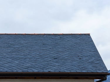 Architectural close-up of a perfectly aligned slate roof with copper gutters, soft overcast Swiss sky, sharp focus