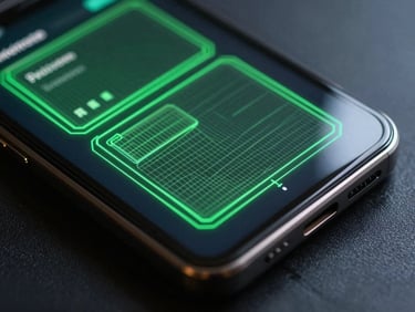 Macro top-down view of a physical Android device screen displaying a glowing green vector wireframe of a UI layout, high-contrast studio lighting with neon edge-glows reflecting off dark glass.