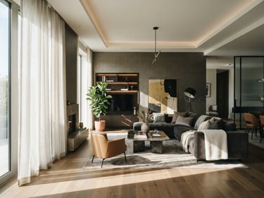 Wide shot of a modern living room with tailored sheer curtains and a textured wallpaper, architectural lighting, crisp shadows, natural daylight.
