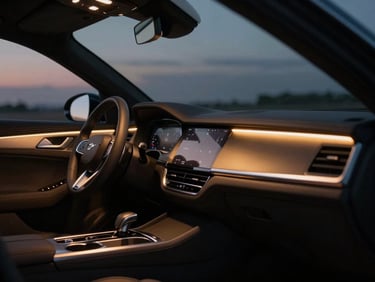 Cinematic low-key shot of a luxury sedan interior at twilight, soft gold dashboard illumination, shallow depth of field, 35mm