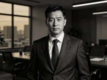 High-contrast black and white portrait of a professional male insurance advisor in a modern, dark-toned corporate office, cinematic lighting